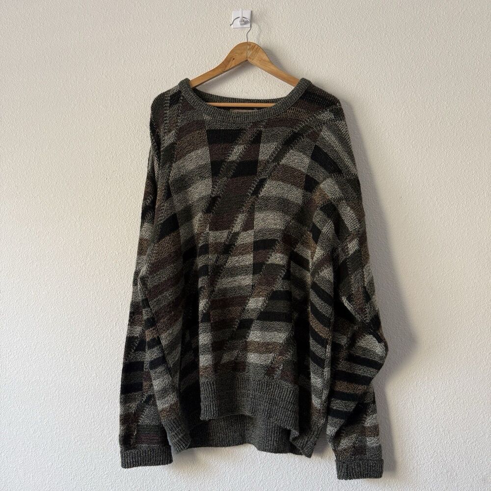 Vintage Jantzen Sweater Mens Big 1X Brown Gray Plaid 3D Knit Crewneck Pullover